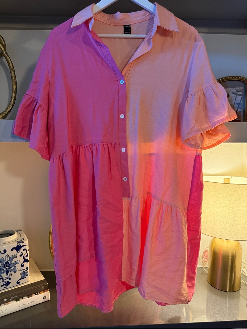 SHEIN Two-Tone Pink & Peach Button-Front Tunic Dress
